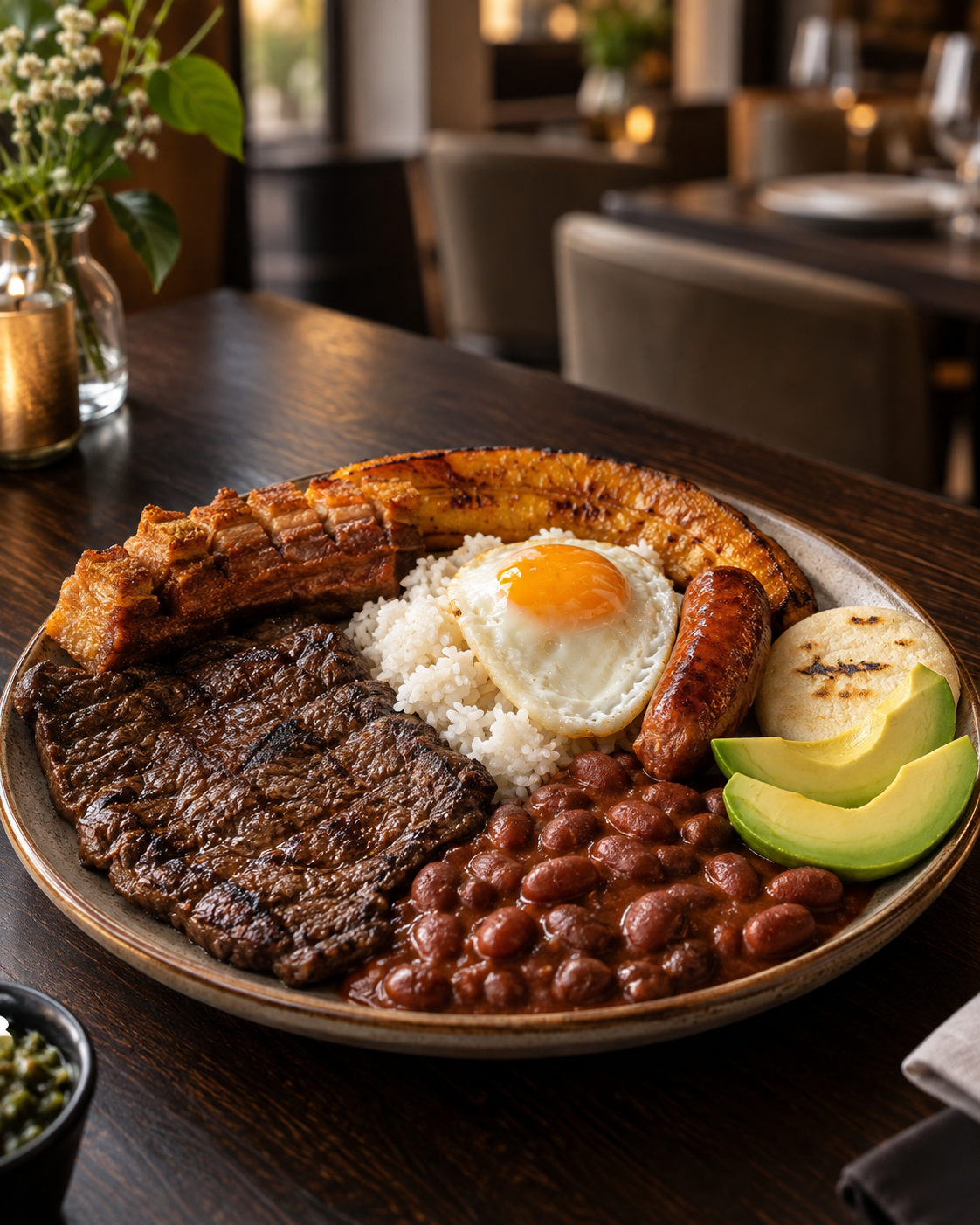 Bandeja paisa with grilled steak, beans, rice, egg, plantain, chicharrón, chorizo, arepa and avocado